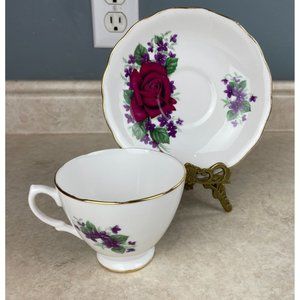 Royal Vale Bone China Red Rose  With Purple Violets Tea Cup And Saucer Set